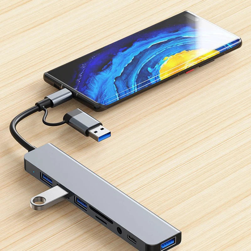 8 in 2 USB , Type C HUB Docking Station with 3.5mm Audio Jack Adapter, Micro SD Card Reader, Laptop Tablet Phone Disk Converter
