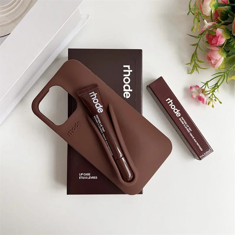 RHODE Lip Gloss Phone Case For iPhone 17 Air 16 15 14 13 12 11 Pro Max Gray Toast Espresso Ribbon Lipstick Holder Silicone Cover