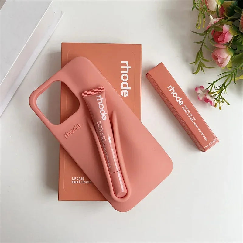 RHODE Lip Gloss Phone Case For iPhone 17 Air 16 15 14 13 12 11 Pro Max Gray Toast Espresso Ribbon Lipstick Holder Silicone Cover