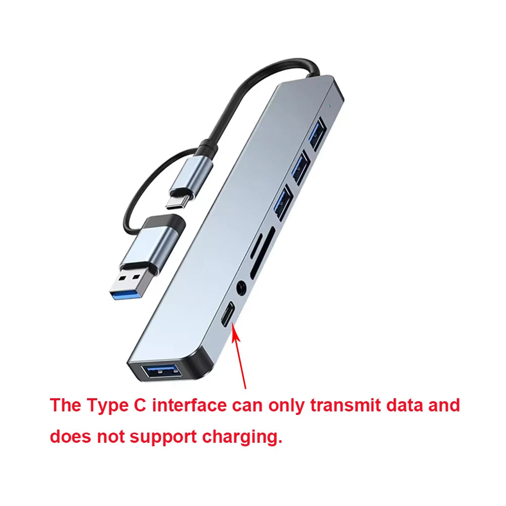 8 in 2 USB , Type C HUB Docking Station with 3.5mm Audio Jack Adapter, Micro SD Card Reader, Laptop Tablet Phone Disk Converter
