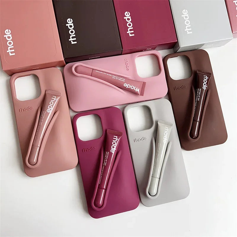 RHODE Lip Gloss Phone Case For iPhone 17 Air 16 15 14 13 12 11 Pro Max Gray Toast Espresso Ribbon Lipstick Holder Silicone Cover