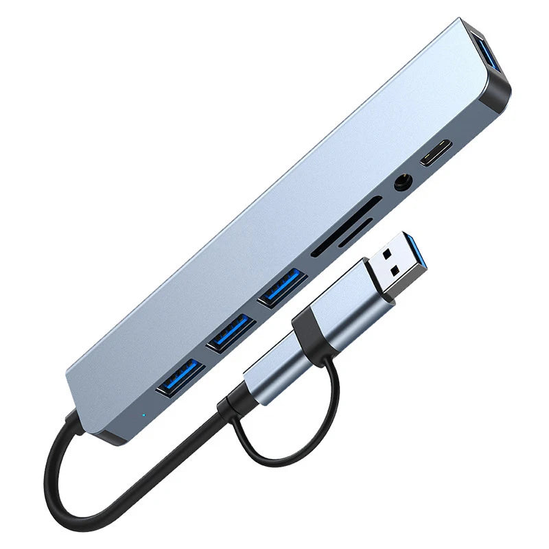 8 in 2 USB , Type C HUB Docking Station with 3.5mm Audio Jack Adapter, Micro SD Card Reader, Laptop Tablet Phone Disk Converter