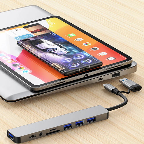 8 in 2 USB , Type C HUB Docking Station with 3.5mm Audio Jack Adapter, Micro SD Card Reader, Laptop Tablet Phone Disk Converter