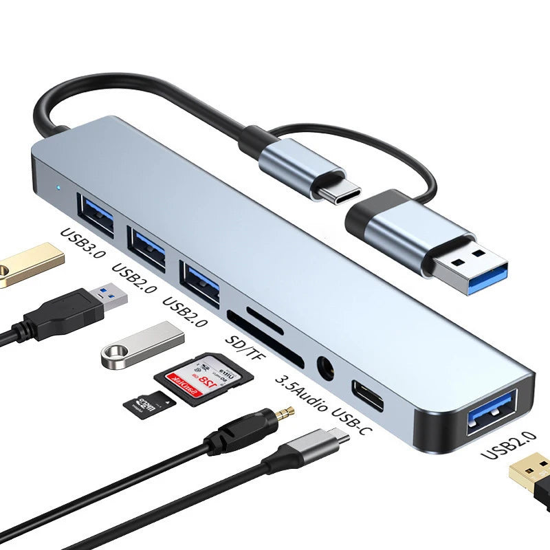 8 in 2 USB , Type C HUB Docking Station with 3.5mm Audio Jack Adapter, Micro SD Card Reader, Laptop Tablet Phone Disk Converter