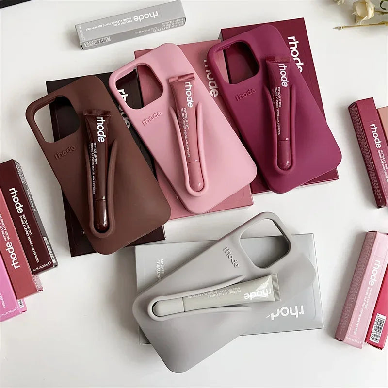 RHODE Lip Gloss Phone Case For iPhone 17 Air 16 15 14 13 12 11 Pro Max Gray Toast Espresso Ribbon Lipstick Holder Silicone Cover