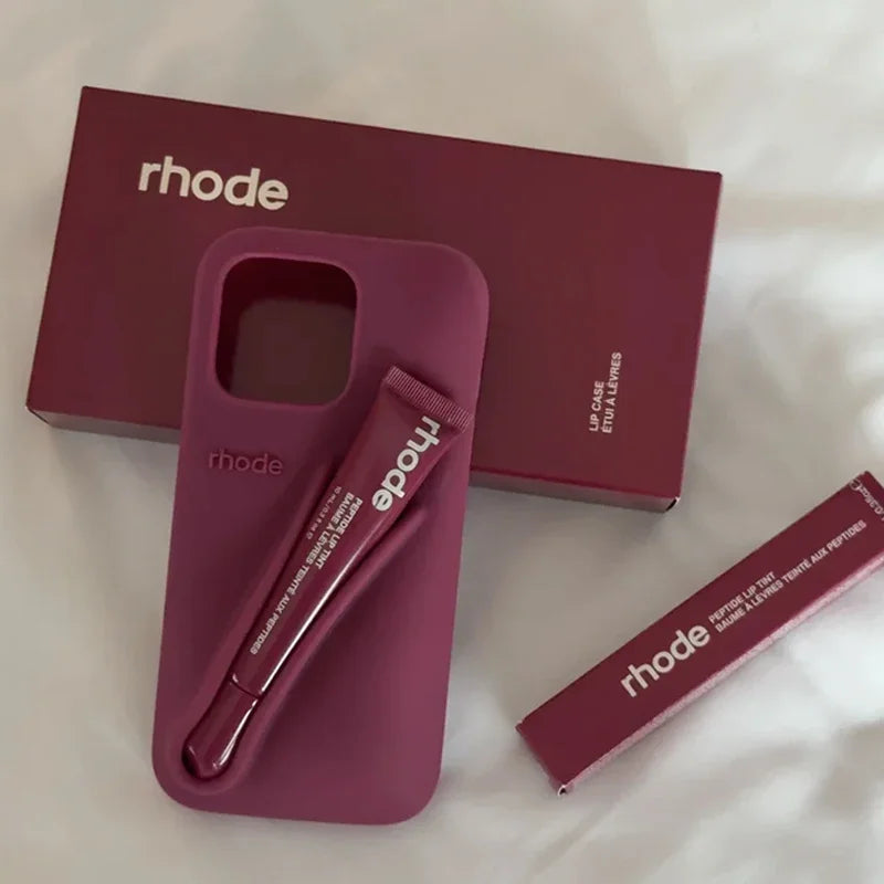 RHODE Lip Gloss Phone Case For iPhone 17 Air 16 15 14 13 12 11 Pro Max Gray Toast Espresso Ribbon Lipstick Holder Silicone Cover