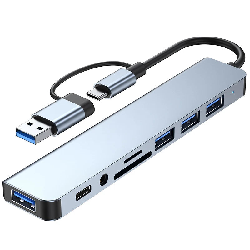 8 in 2 USB , Type C HUB Docking Station with 3.5mm Audio Jack Adapter, Micro SD Card Reader, Laptop Tablet Phone Disk Converter