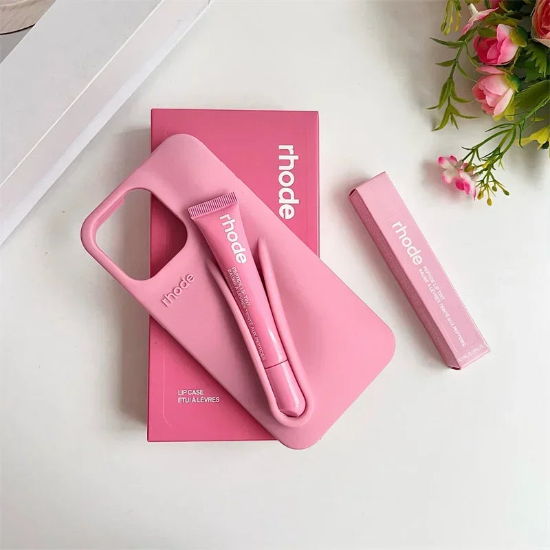 RHODE Lip Gloss Phone Case For iPhone 17 Air 16 15 14 13 12 11 Pro Max Gray Toast Espresso Ribbon Lipstick Holder Silicone Cover