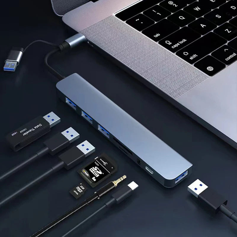 8 in 2 USB , Type C HUB Docking Station with 3.5mm Audio Jack Adapter, Micro SD Card Reader, Laptop Tablet Phone Disk Converter