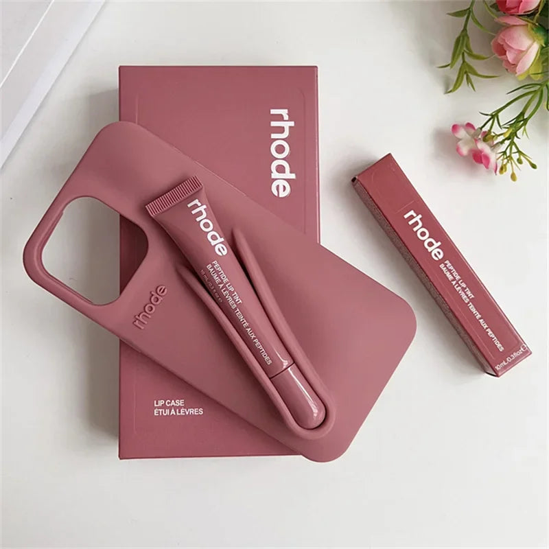 RHODE Lip Gloss Phone Case For iPhone 17 Air 16 15 14 13 12 11 Pro Max Gray Toast Espresso Ribbon Lipstick Holder Silicone Cover