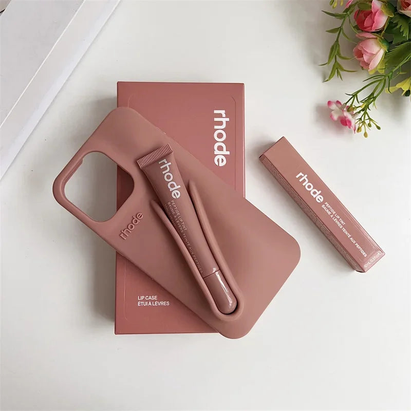 RHODE Lip Gloss Phone Case For iPhone 17 Air 16 15 14 13 12 11 Pro Max Gray Toast Espresso Ribbon Lipstick Holder Silicone Cover
