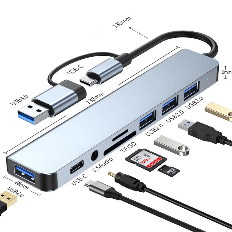 8 in 2 USB , Type C HUB Docking Station with 3.5mm Audio Jack Adapter, Micro SD Card Reader, Laptop Tablet Phone Disk Converter